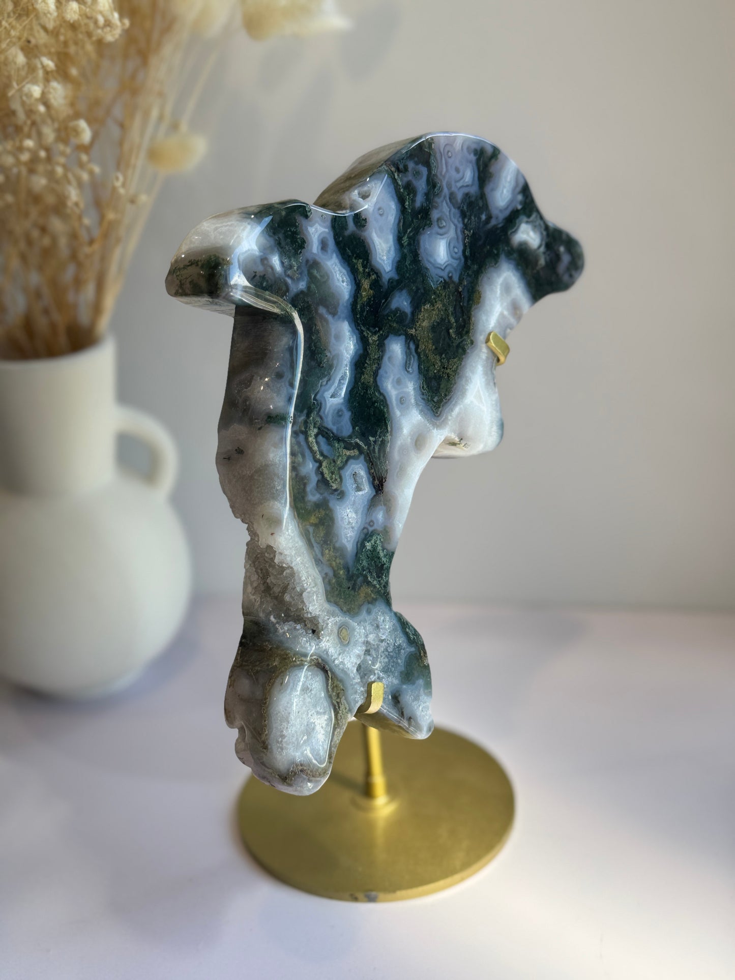 Moss Agate Dolphins Carving on Gold Stand - Statement Piece - B