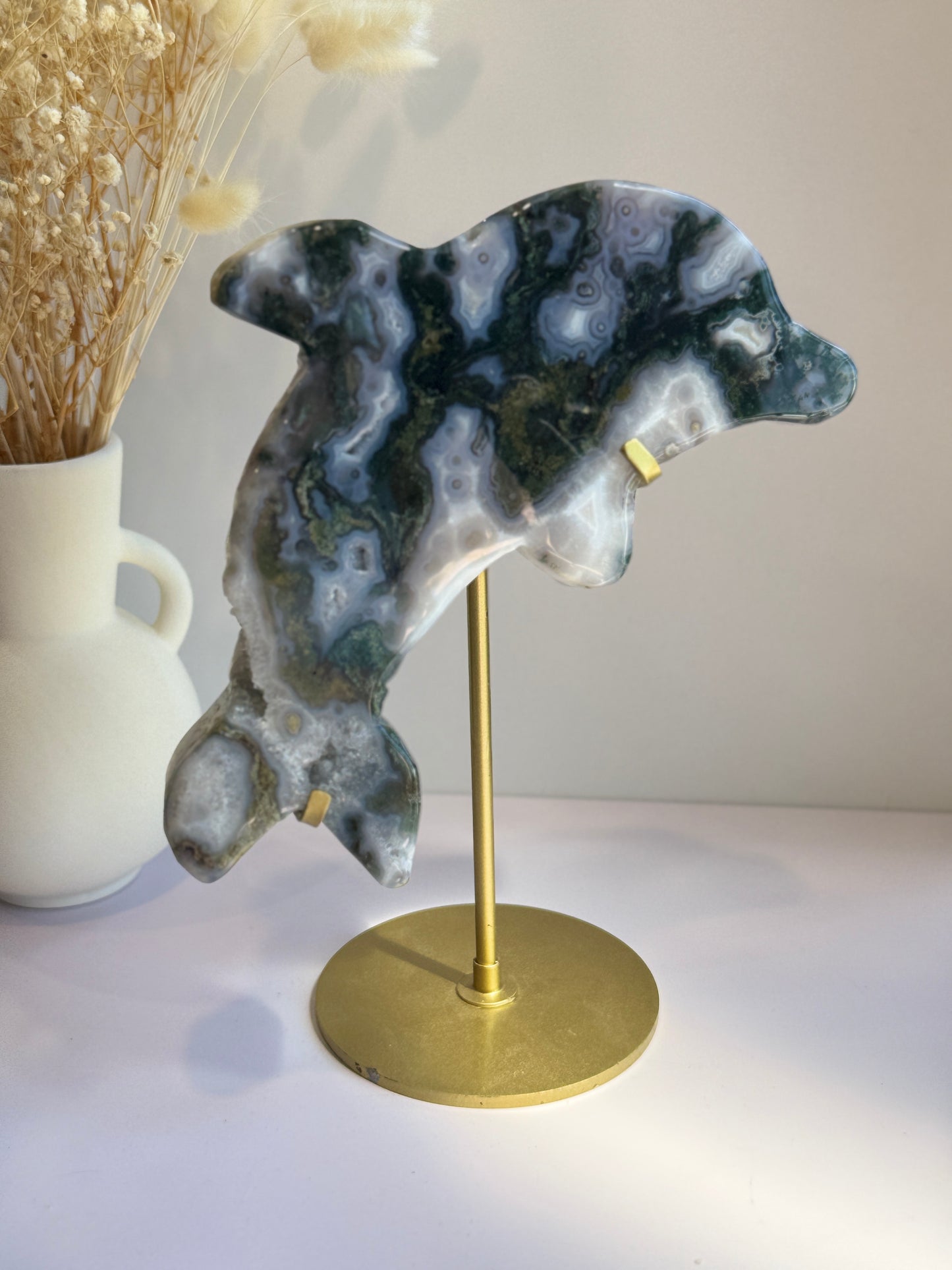 Moss Agate Dolphins Carving on Gold Stand - Statement Piece - B