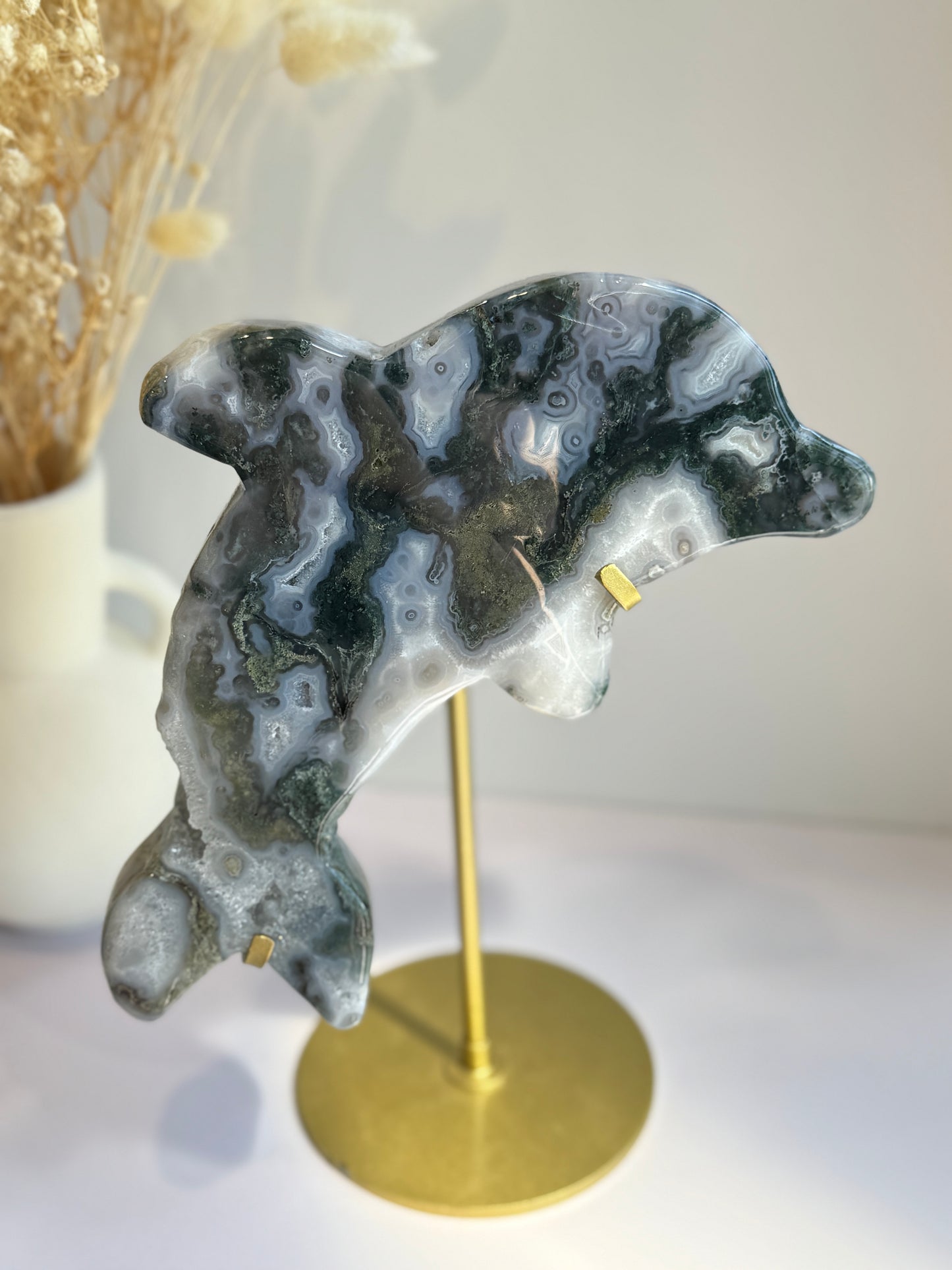 Moss Agate Dolphins Carving on Gold Stand - Statement Piece - B