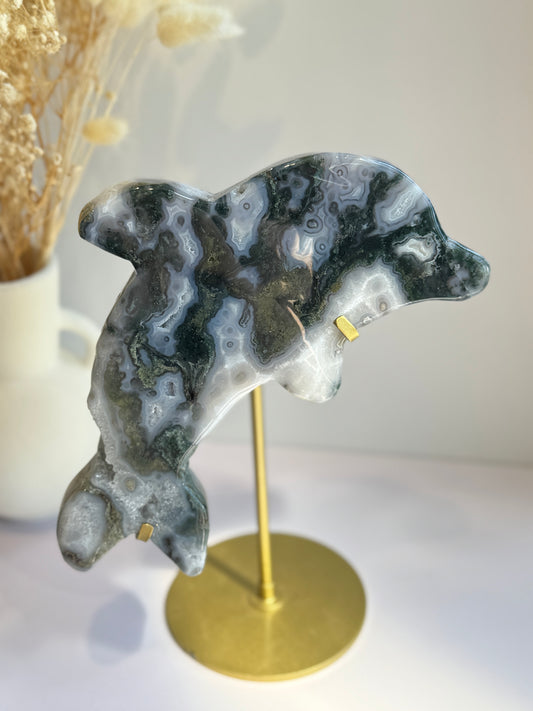 Moss Agate Dolphins Carving on Gold Stand - Statement Piece - B