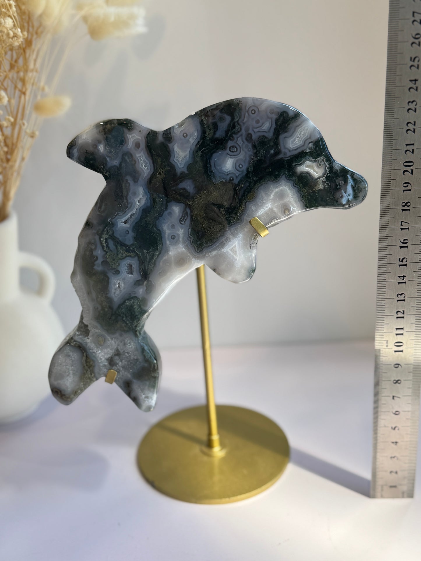 Moss Agate Dolphins Carving on Gold Stand - Statement Piece - B