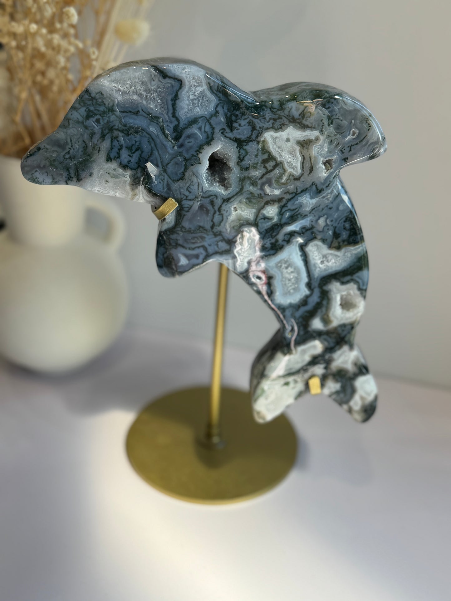 Moss Agate Dolphin Carving on Gold Stand - Statement Piece - A