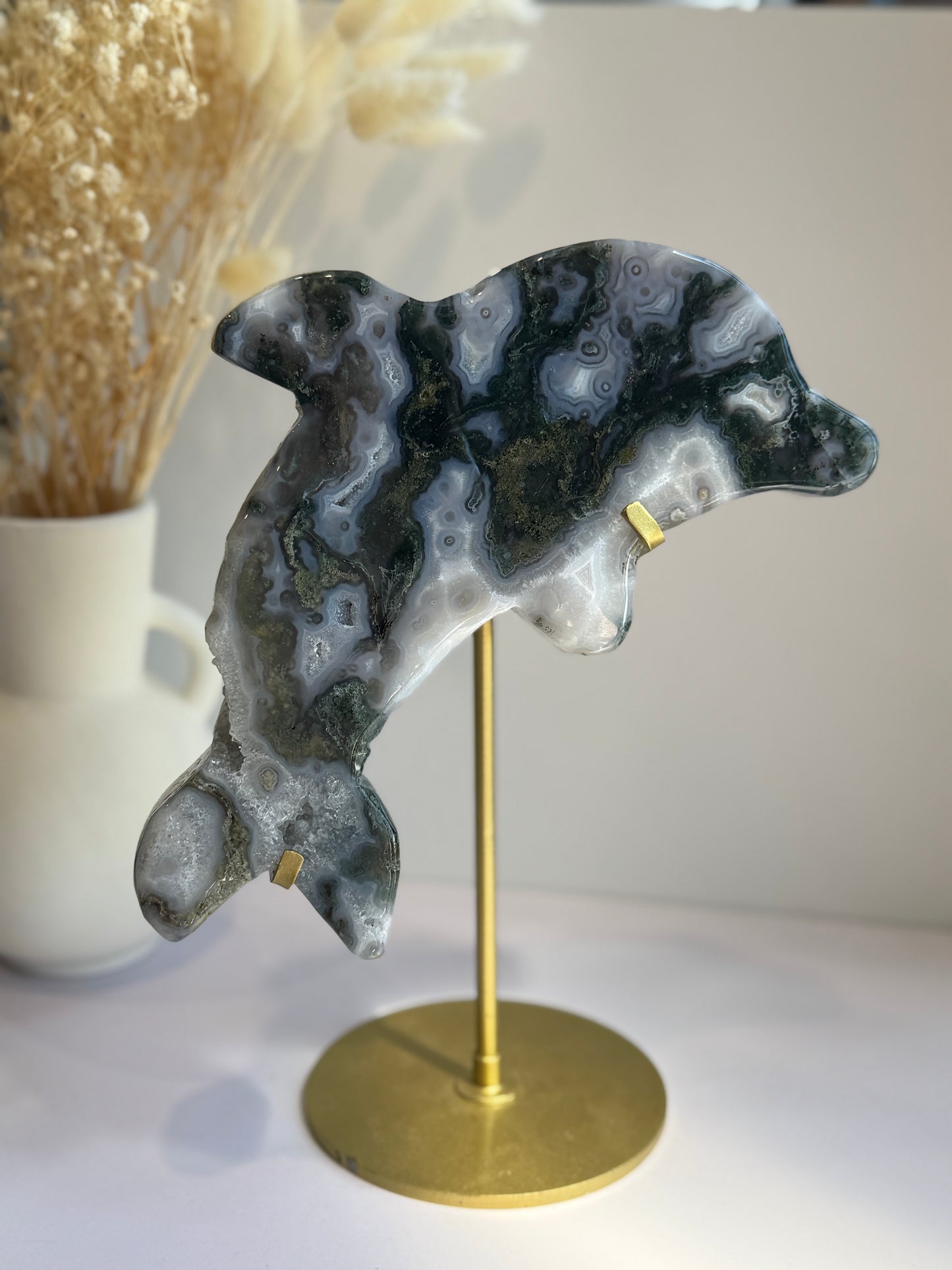 Moss Agate Dolphins Carving on Gold Stand - Statement Piece - B