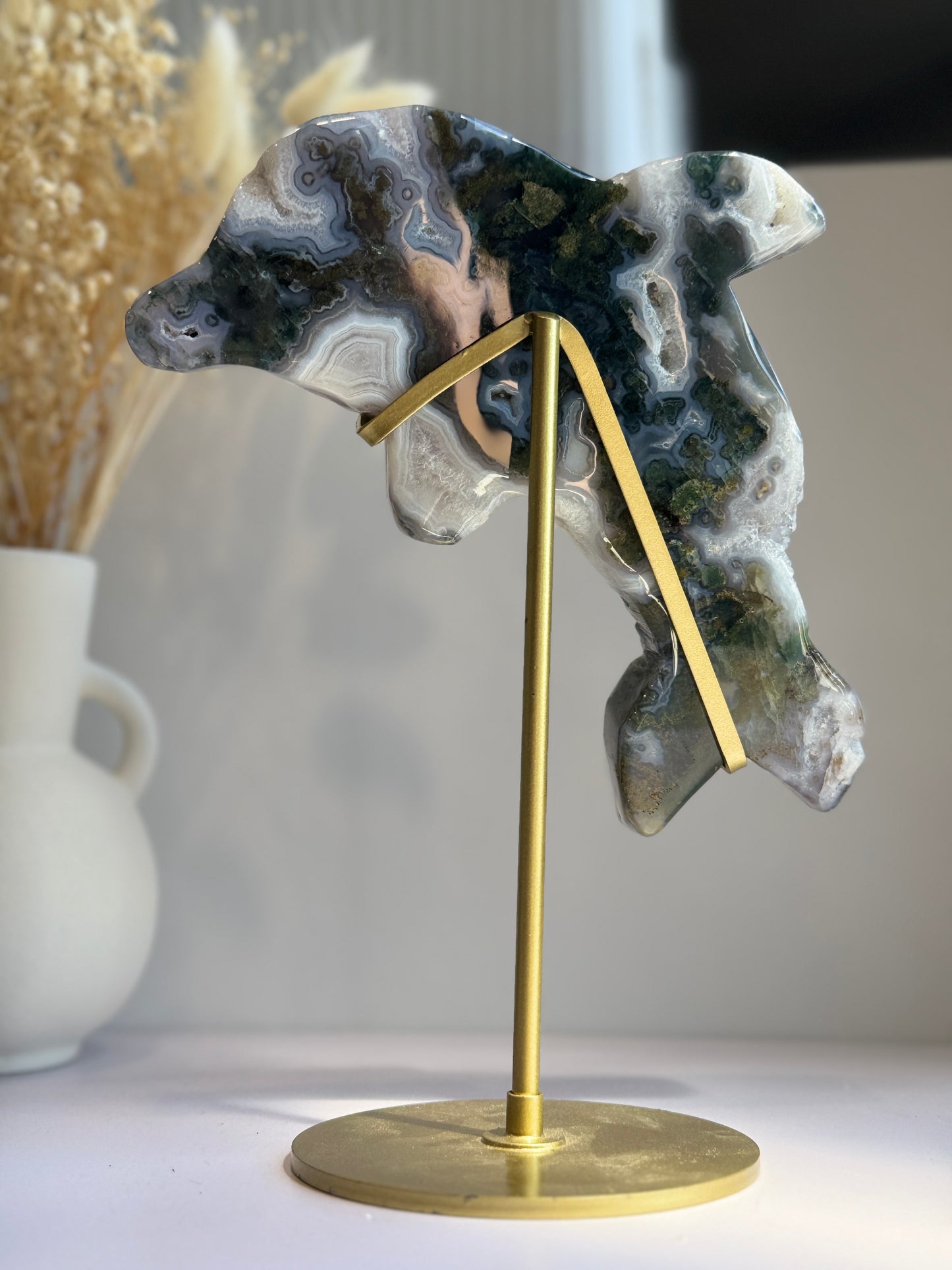Moss Agate Dolphins Carving on Gold Stand - Statement Piece - B