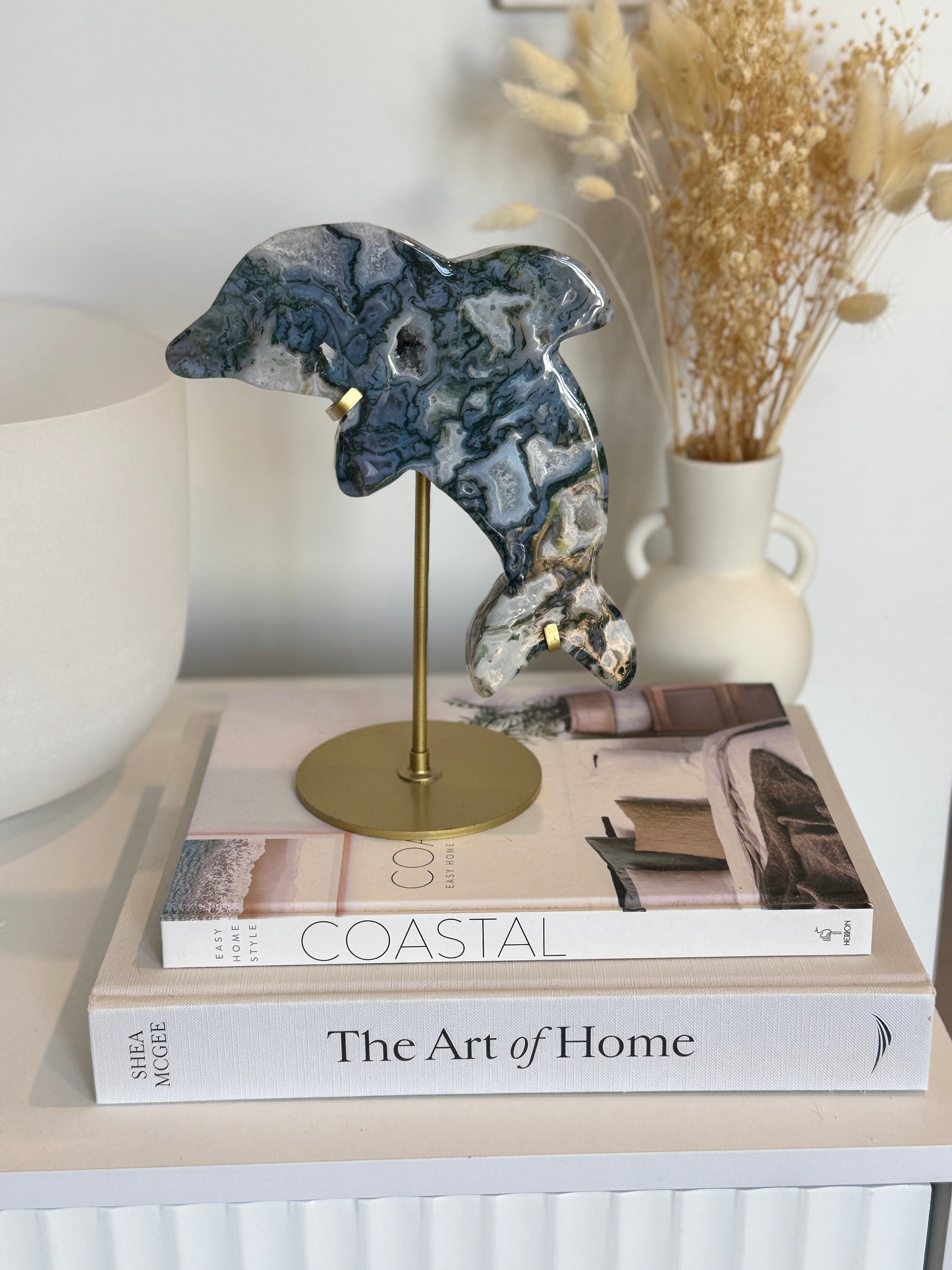 Moss Agate Dolphin Carving on Gold Stand - Statement Piece - A