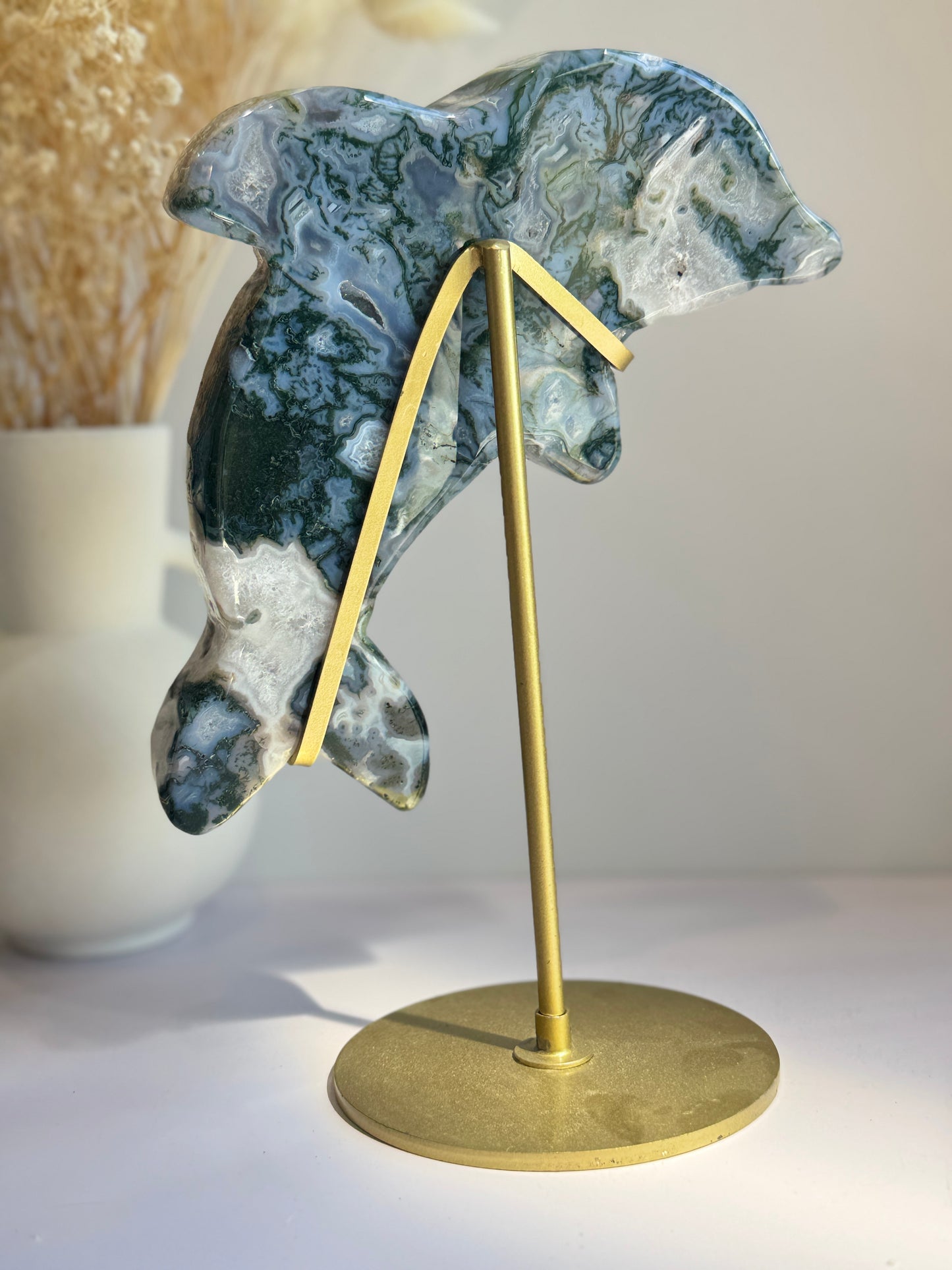Moss Agate Dolphin Carving on Gold Stand - Statement Piece - A