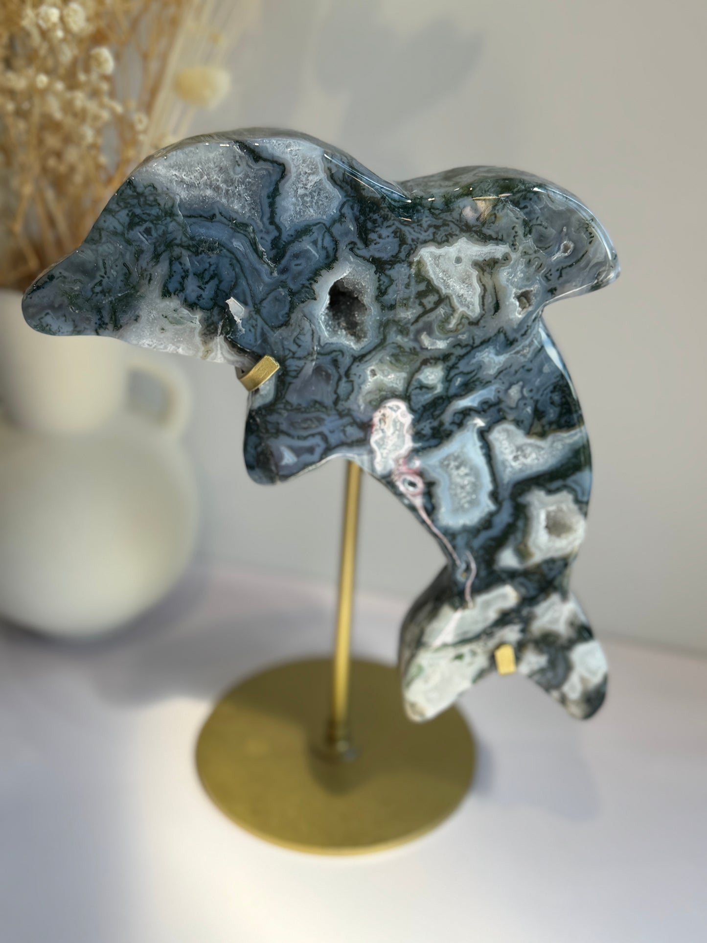 Moss Agate Dolphin Carving on Gold Stand - Statement Piece - A